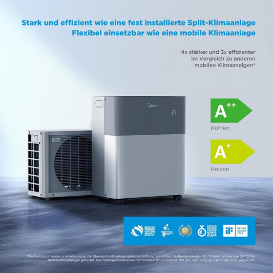 Midea PortaSplit 4-in-1 Mobiles Klimagerät – 12.000 BTU, Heizen & Kühlen, App-Steuerung, Flüsterleise (Weiß)